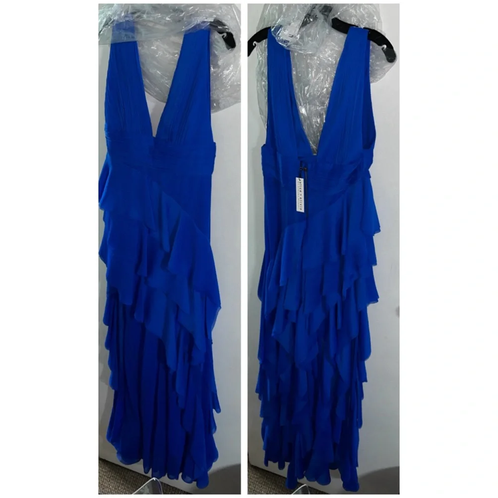 Alice + Olivia Holly Low Neck Asymmetric Ruffle Sapphire Blue Maxi Dress - Picture 8 of 12